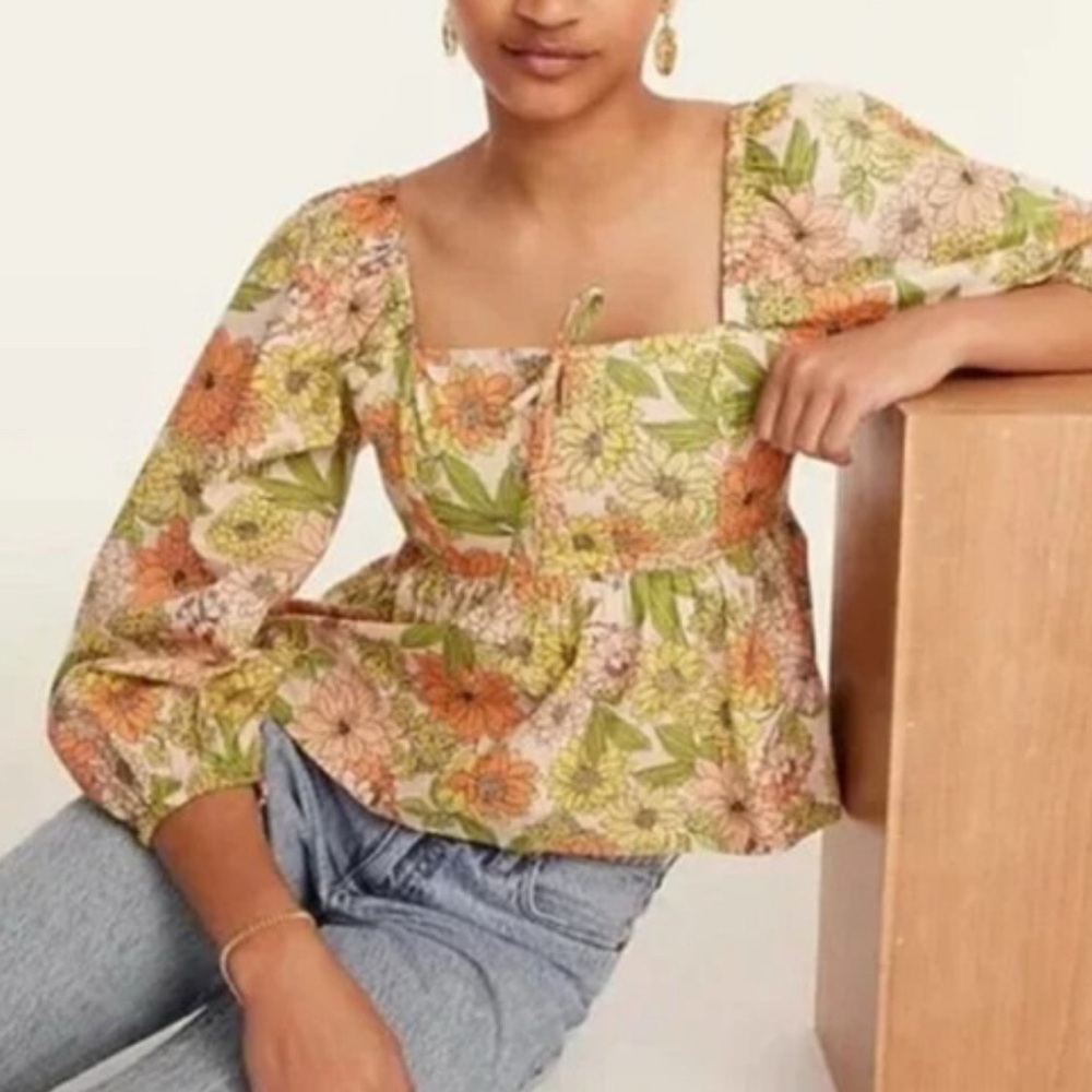 J. Crew Square Neck Tie-Front Blouse Women’s 18 Puff Sleeve Zinnia Floral